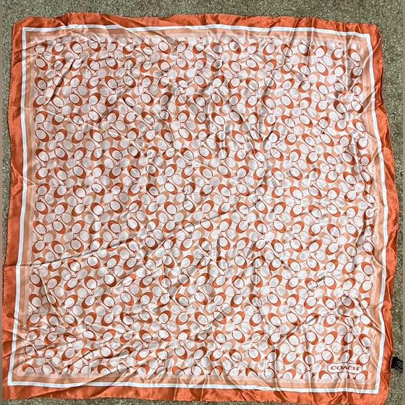 Coach Silk Vibrant Orange and White Scarf/Handkerchief - Picture 3 of 3